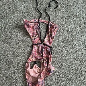 Paisley Pink One-Piece Swimsuit with Studded Trim